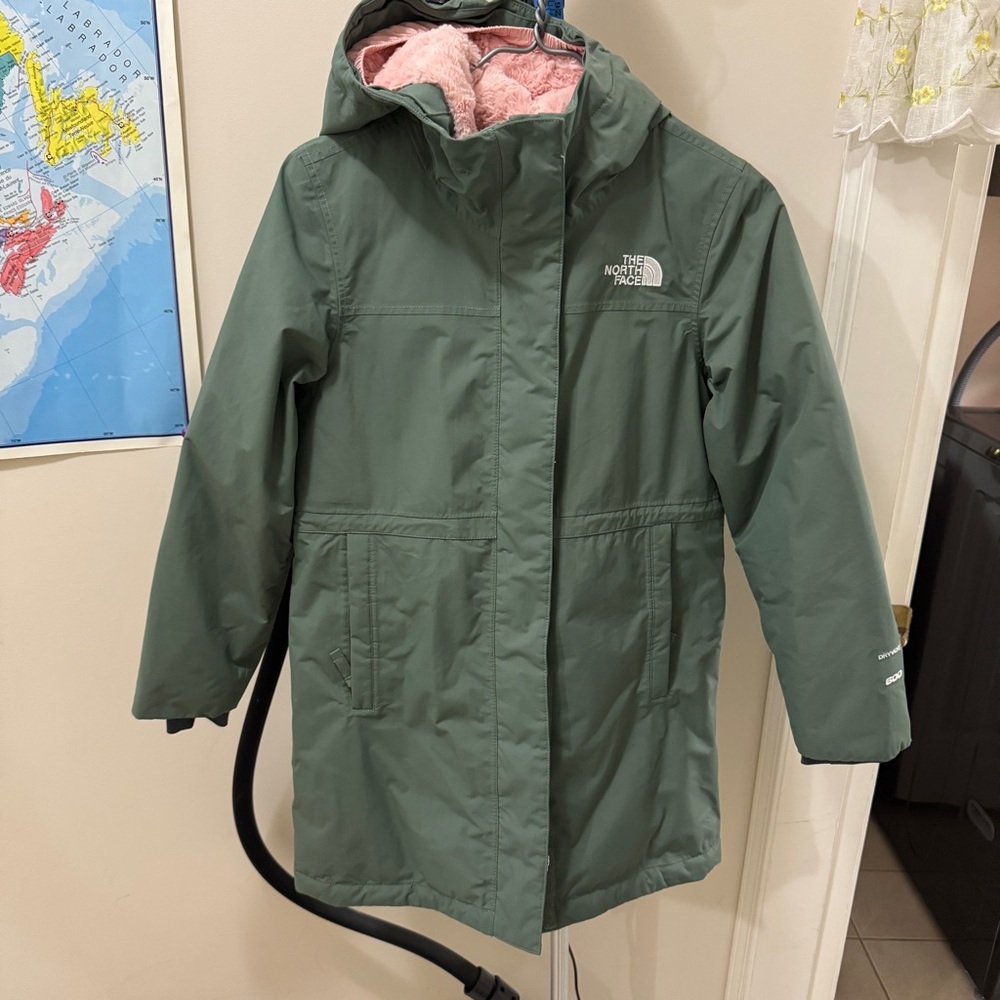 Kids The North Face Olive Green Parka with Pink Lining